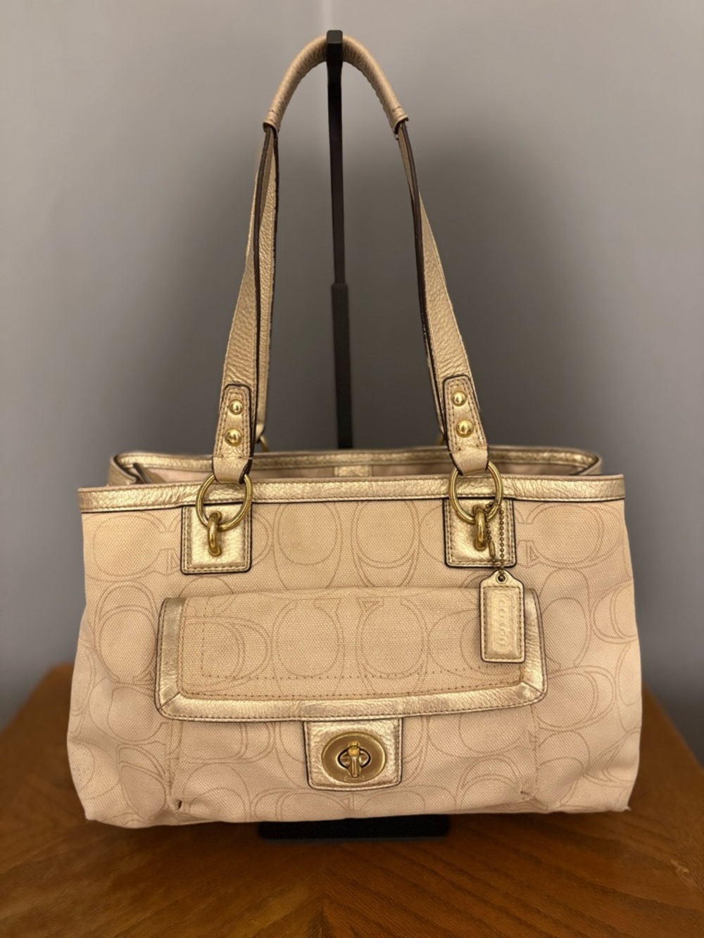 Coach Signature Canvas Tote Bag Metallic Trim Turnlock Pocket Shoulder Bag